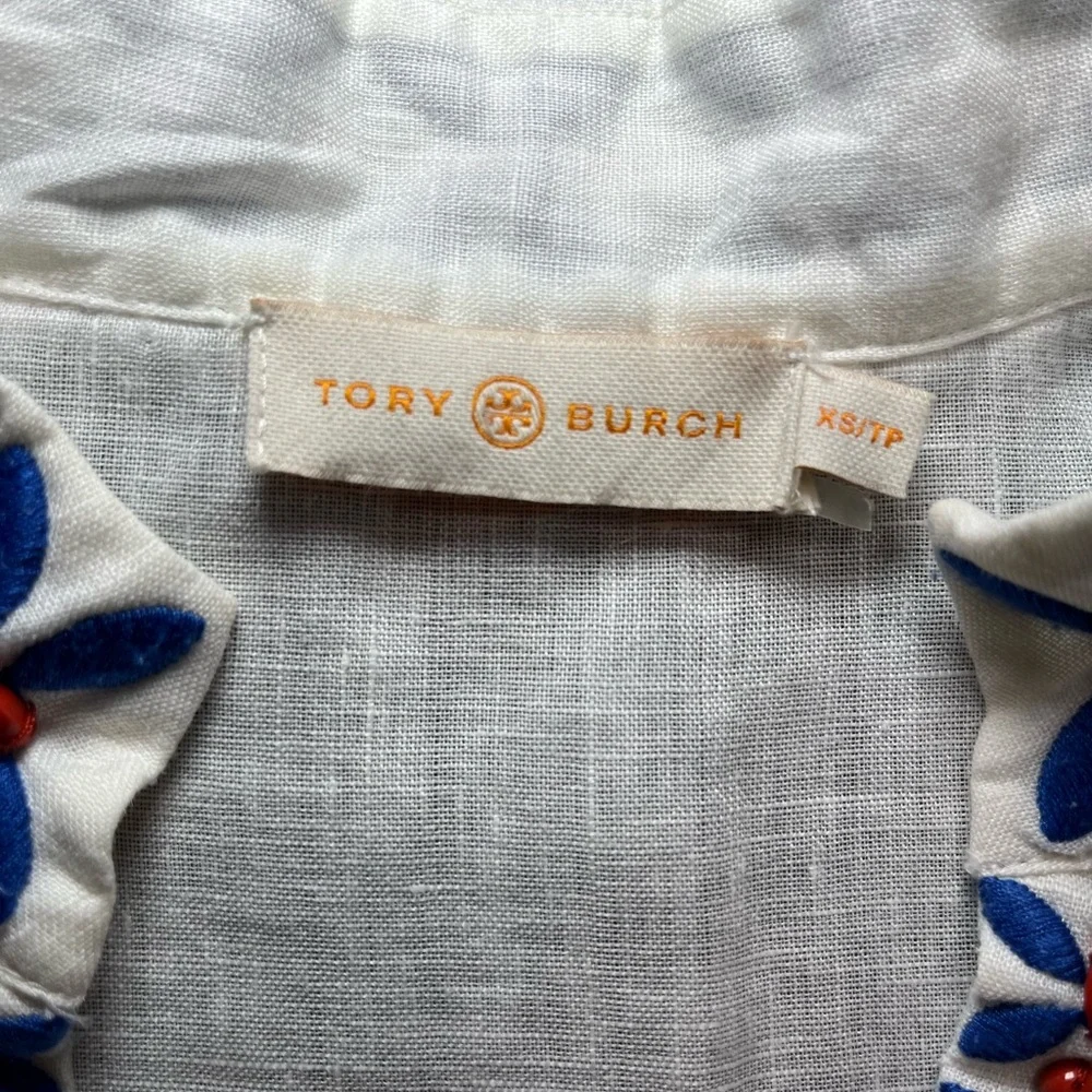 Tory Burch White Linen Tunic with Blue & Red Bead Work - Picture 5 of 6
